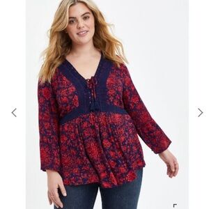 Torrid Red & Blue Floral Boho Blouse